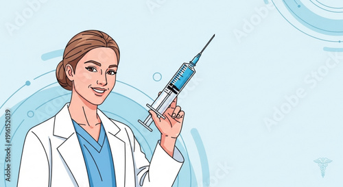 Smiling female doctor or nurse holding a large syringe for vaccination or medical treatment in a clinic