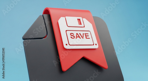 3d rendered gray usb flash drive with red bookmark and save icon on a blue background symbolizing data storage and backup