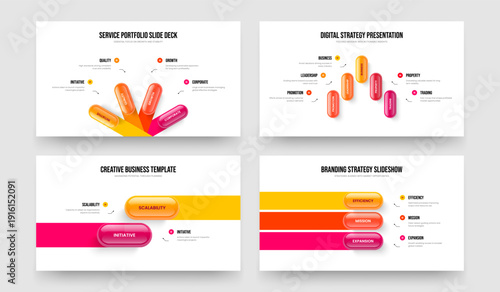 Product Development 4 5 2 3 Option Infographic Slide Template Collection. Consulting Strategy Four Five Two Three Step Diagram Slideshow Layout Vector Illustration Set.