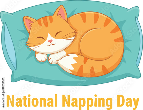 Cute orange tabby cat sleeping peacefully on a light green pillow, national napping day text illustration