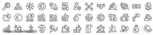 Set of 39 outline icons related to euro. Linear icon collection. Editable stroke. Vector illustration
