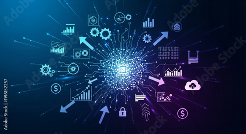 Digital network connection with glowing blue and purple icons and arrows on a dark background representing technology and data exchange