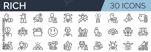 Set of 30 outline icons related to rich. Linear icon collection. Editable stroke. Vector illustration