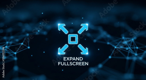 Glowing blue expand fullscreen icon with arrows on dark background futuristic network connection concept digital technology interface element