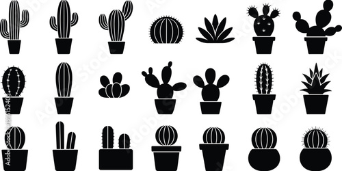 Collection of Black Silhouette Cacti and Succulents in Pots cactus plant