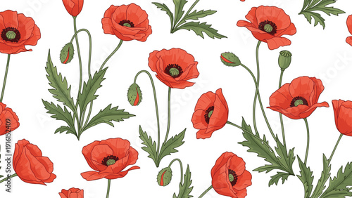 Artistic seamless pattern featuring red poppy flowers with green stems and leaves over a white background for textiles.