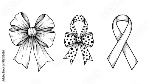 Collection of three ribbon styles including a classic bow, a polka dot bow, and a loop symbol in hand drawn line art.