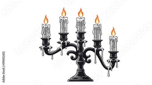 Vintage black gothic candelabra with five flickering candles and realistic melting wax drips against a solid white background for spooky decor.