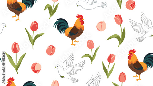 Colorful seamless pattern showcasing proud roosters, elegant flying white doves, and vibrant pink tulips against a clean white background.