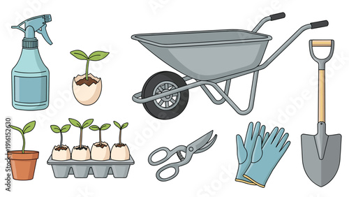 Essential gardening equipment set including a grey wheelbarrow, silver shovel, blue gloves, pruning shears, and young seedlings in eggshell starters.