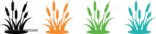 Four colorful silhouettes of cattail plants on a white background Keywords: cattail, reeds, plants, silhouette, nature, marsh
