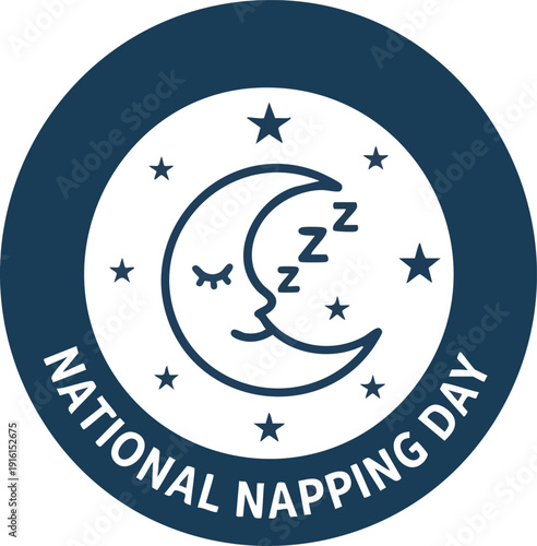 National napping day badge icon with sleeping moon and stars in dark blue circle outline