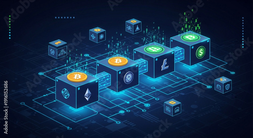 Cryptocurrency blockchain network with glowing blue lines and cubes representing digital assets on a dark background