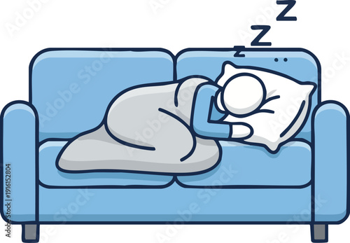 Person sleeping soundly on a light blue couch under a blanket, cartoon style illustration