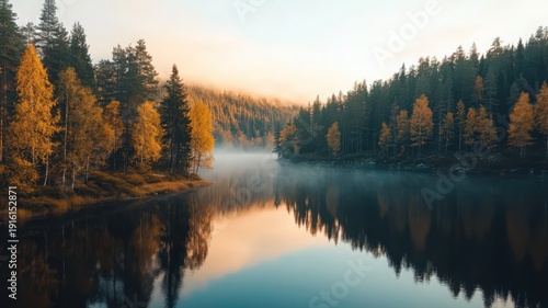 Aerial Shot of a Tranquil Forest Lake Reflecting Autumn Colors in Early Morning Light