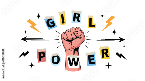 Empowering Girl Power graphic design featuring a raised clenched fist, lightning bolts, and bold colorful typography on a white background.