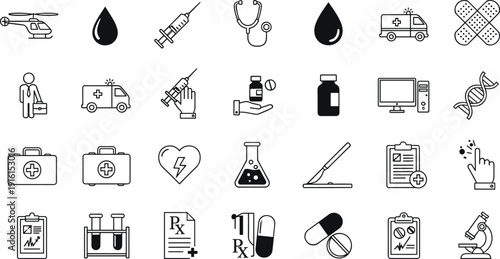 Collection of icons representing various medical and emergency services and supplies isolated on transparent background, Vector