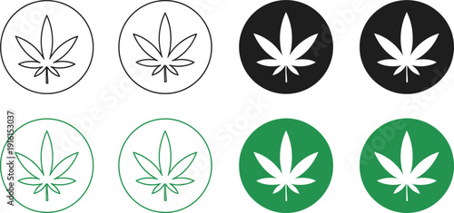 Cannabis leaf icon set in circular outline and solid styles with black and green variations for marijuana branding design