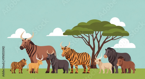 Diverse group of wild animals standing under a tree in a savannah landscape with green grass and blue sky
