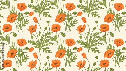 Vibrant seamless pattern showcasing blooming orange poppy flowers with green stems and buds against a warm cream colored background for decor.