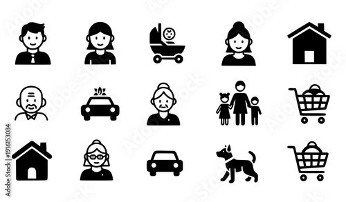 Family parents children solid vector icon set