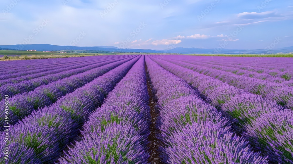Obraz premium Aerial Shot of a Vast Lavender Field in Full Bloom with Vibrant Purple Flowers Under Clear Sky