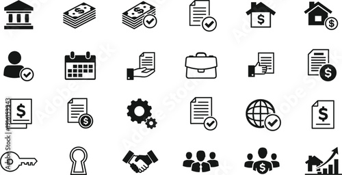 Collection of icons depicting various business and real estate services and concepts isolated on transparent background, Vector