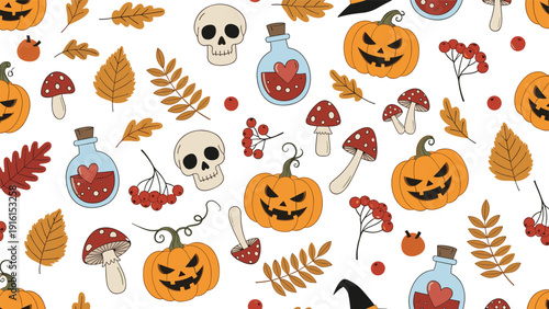 Spooky Halloween seamless pattern featuring orange jack-o-lanterns, white skulls, heart potion bottles, autumn leaves, and mushrooms.