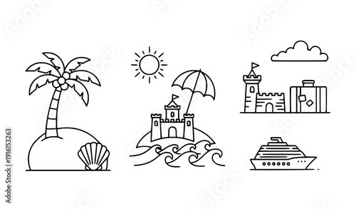 Monochrome minimal tropical island vacation icon set