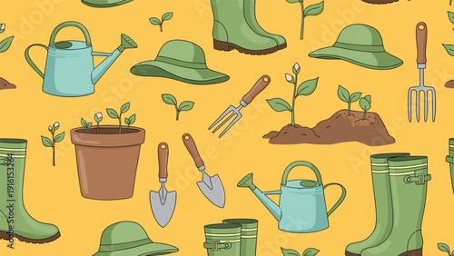 Practical gardening seamless pattern showcasing watering cans, boots, hats, trowels, forks, and potted plants on a bright yellow background.