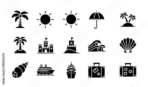 Monochrome minimal tropical island vacation icon set