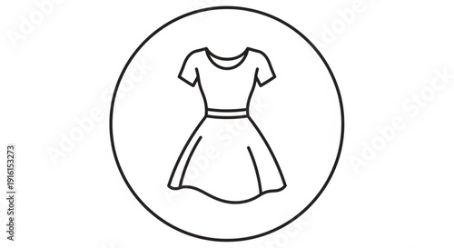 Simple black and white line drawing of a short sleeved dress with a belted waist flared skirt and circular background icon
