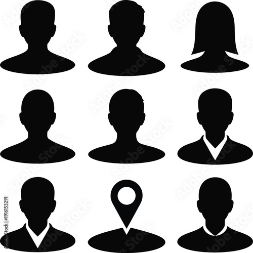 Various black silhouette user avatar and location pin icons displayed on a white background
