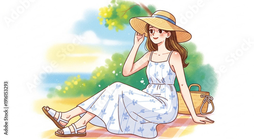 Young woman in white floral dress and straw hat relaxing on beach with wicker bag serene outdoor setting