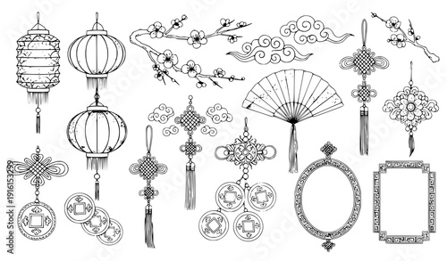 Chinese New Year hand drawn textured decorative element set