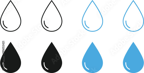 Water drop icon set in outline and solid styles with black and blue colors for weather, liquid, and UI design