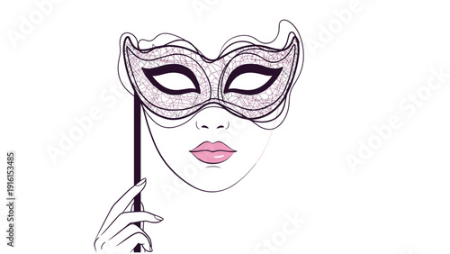 Elegant woman wearing a decorative purple lace masquerade mask holding it by a long stick in a minimalist and stylish fashion illustration.