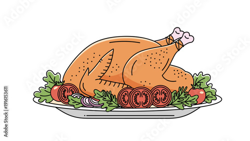 Delicious roasted turkey platter garnished with fresh green lettuce, sliced red tomatoes, and onions for a festive holiday dinner celebration.