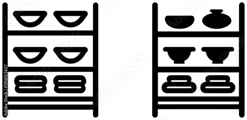 Two black icons of drying racks with shelves and bowls on a white background for laundry and dish drying