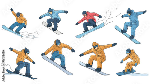 Set of several snowboarders in colorful winter gear performing various jumps and tricks on their boards against a plain white background.