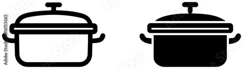 Two dutch oven pot icons arranged horizontally in black and white on plain background for cooking concepts