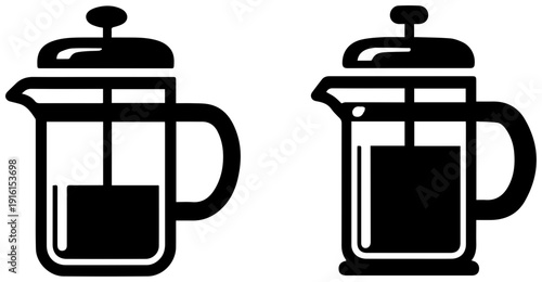 Two black icons of french press coffee makers on white background for brewing coffee