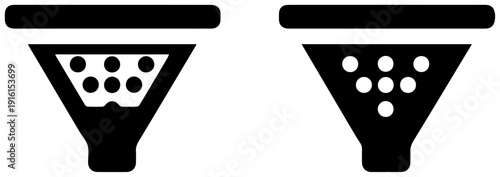 Two black and white funnel icons with filter screens for data analysis and processing