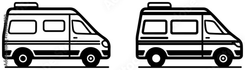 Two high roof camper van icons in black and white side view isolated on white background