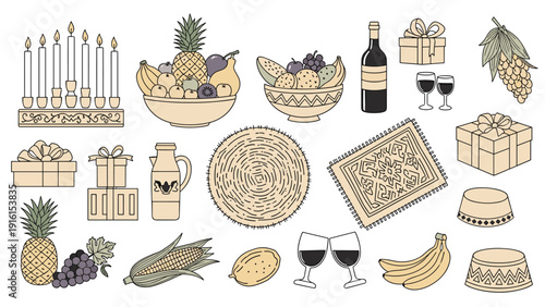 Comprehensive collection of items for a traditional feast including fruit bowls, wine, bread, candles, rugs, and gift boxes on white background.