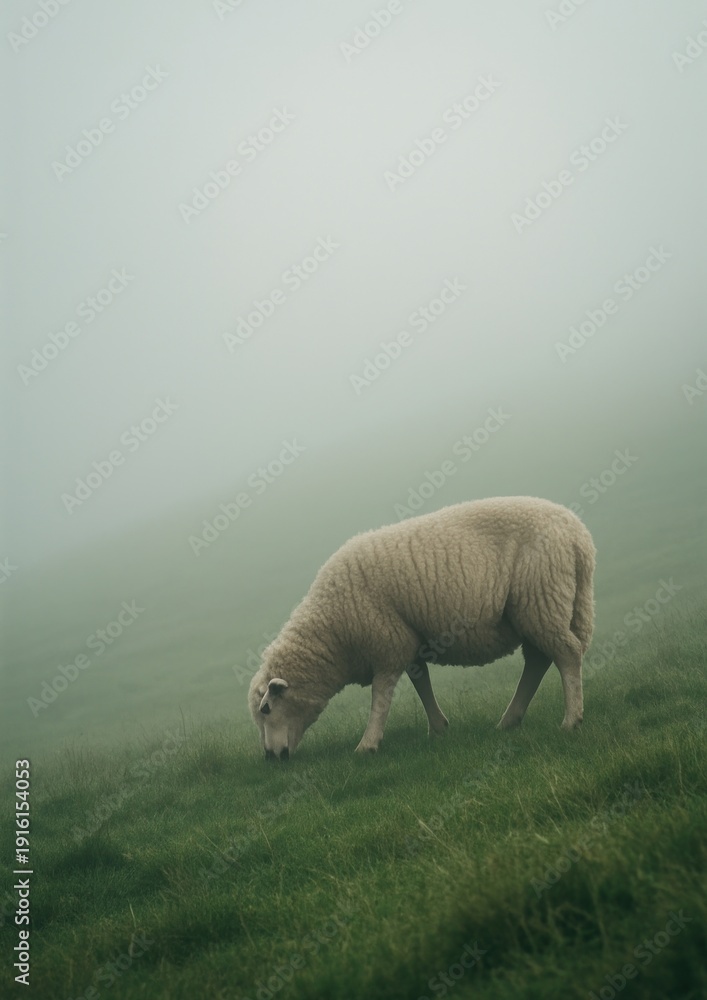 Obraz premium Serene sheep grazing misty landscape.