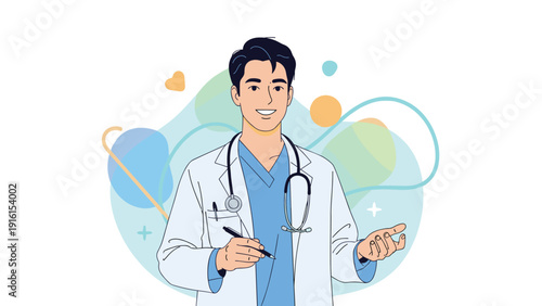 Friendly male doctor in a white coat with a stethoscope holding a pen and gesturing while looking at the viewer with a smile.