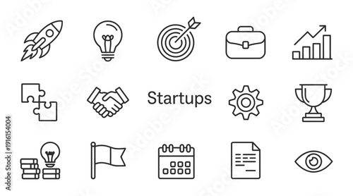business startup linear icon collection, entrepreneurship planning marketing investment brainstorming and digital growth outline vector set.