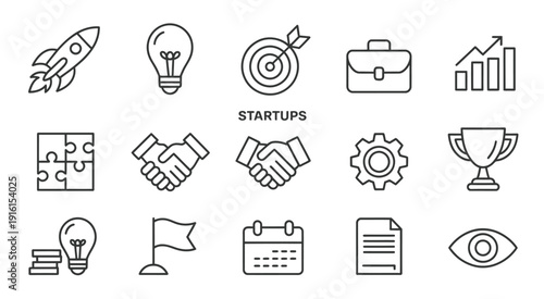modern startup business outline icons, strategy development analytics funding pitch presentation and creative teamwork linear design.