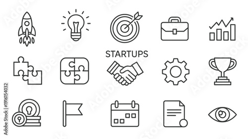 entrepreneurship and startup line icon pack, business growth idea generation marketing finance and innovation minimal vector symbols.
